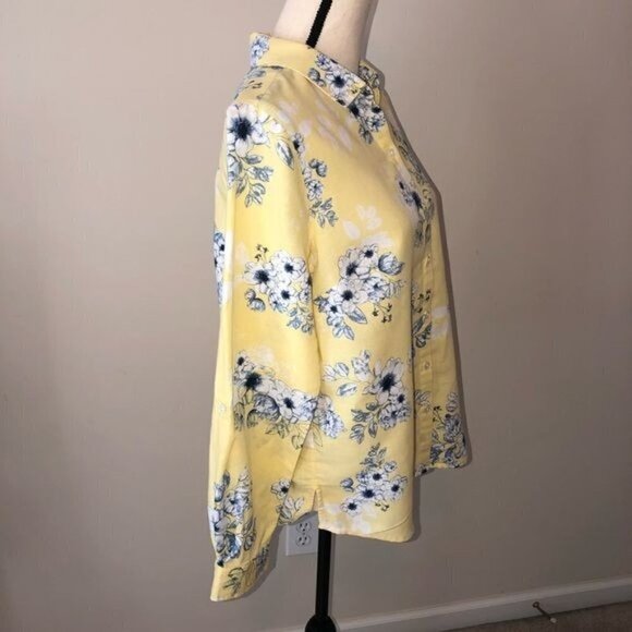 Charter Club Size S Linen Button Front Floral Blue Print Yellow Long Sleeve - Picture 5 of 8